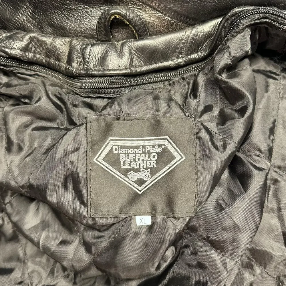 Vintage Diamond Plate Men’s Buffalo Leather Motorcycle Jacket - Black, Size XL